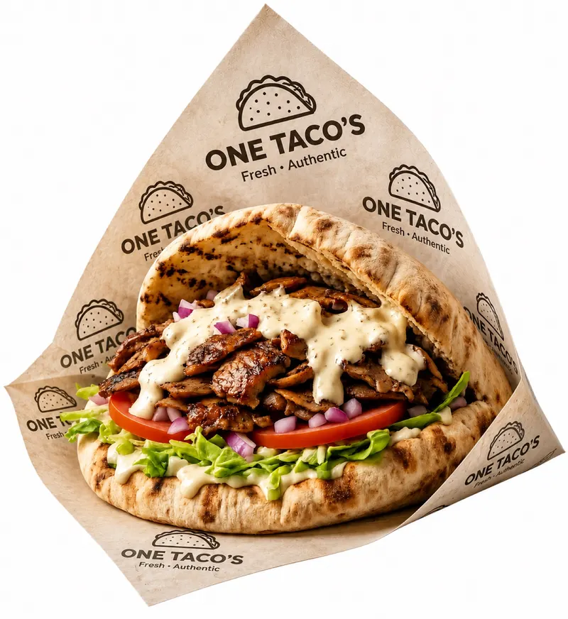 Kebab en pain pita avec salade, tomates et sauce blanche, One Tacos Verdun
