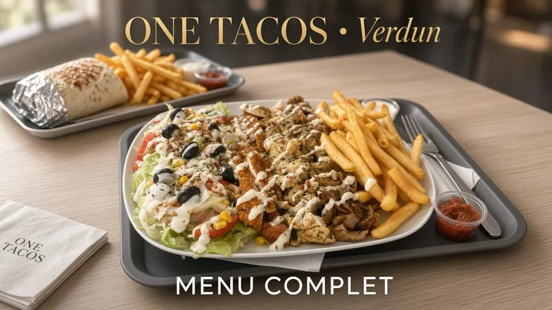 Assiette complète avec salade, viandes et frites, et un wrap, One Tacos Verdun